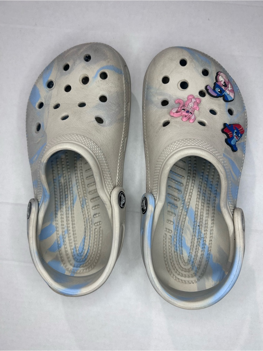 Women’s White, Grey and Light Blue Crocs Shoes with Decorative Charms